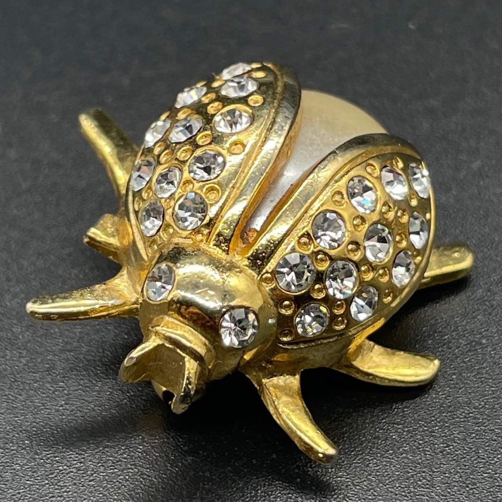 Vintage Beetle‎ Scarab Brooch Pin Faux Pearl Rhinestone